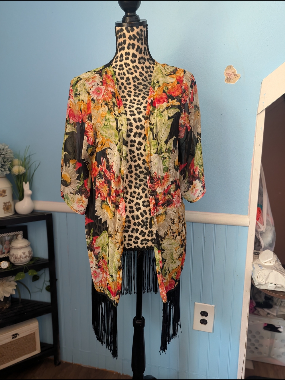 See You Monday Black Floral Fringe Kimono